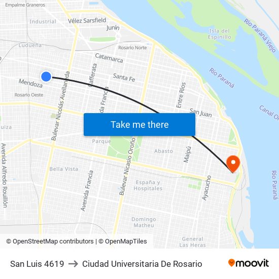 San Luis 4619 to Ciudad Universitaria De Rosario map