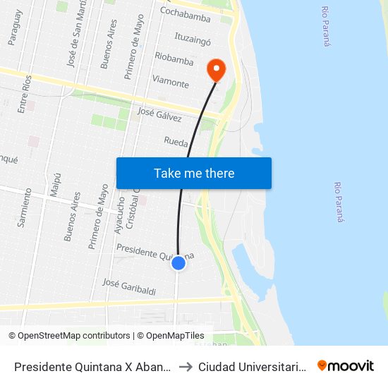 Presidente Quintana X Abanderado Grandoli to Ciudad Universitaria De Rosario map