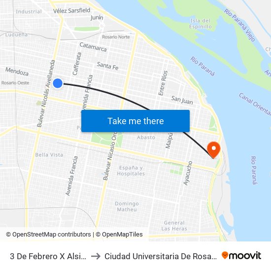 3 De Febrero X Alsina to Ciudad Universitaria De Rosario map