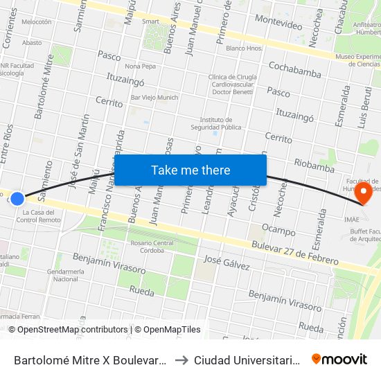 Bartolomé Mitre X Boulevard 27 De Febrero to Ciudad Universitaria De Rosario map
