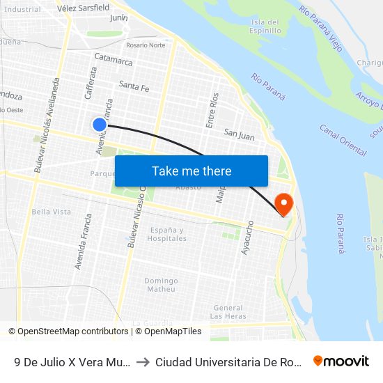 9 De Julio X Vera Mujíca to Ciudad Universitaria De Rosario map