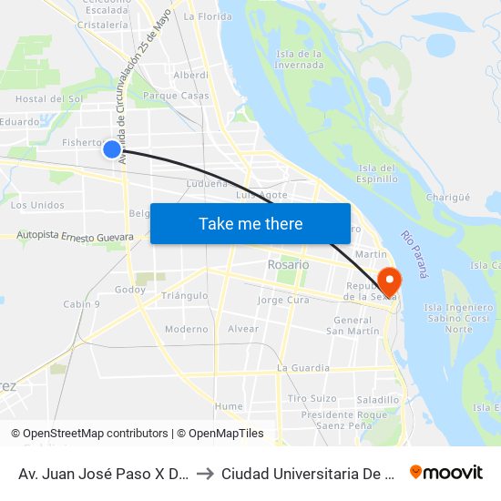 Av. Juan José Paso X Donado to Ciudad Universitaria De Rosario map