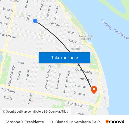 Córdoba X Presidente Roca to Ciudad Universitaria De Rosario map