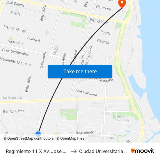 Regimiento 11 X Av. José De San Martín to Ciudad Universitaria De Rosario map