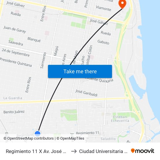 Regimiento 11 X Av. José De San Martín to Ciudad Universitaria De Rosario map