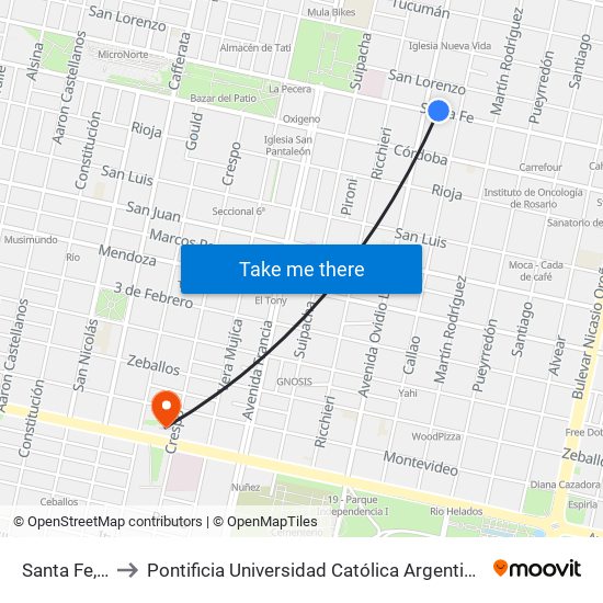 Santa Fe, 2704 to Pontificia Universidad Católica Argentina Campus Rosario map