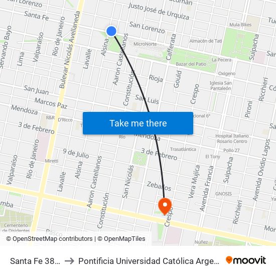 Santa Fe 3850-3898 to Pontificia Universidad Católica Argentina Campus Rosario map