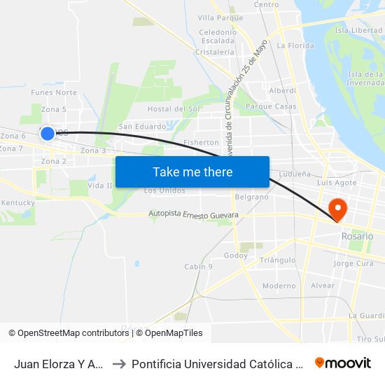 Juan Elorza Y Avenida Rosario to Pontificia Universidad Católica Argentina Campus Rosario map
