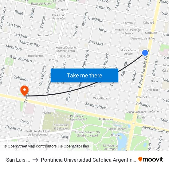 San Luis, 2227 to Pontificia Universidad Católica Argentina Campus Rosario map