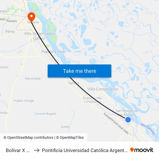 Bolívar X Pringles to Pontificia Universidad Católica Argentina Campus Rosario map