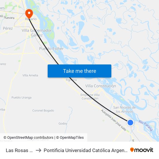 Las Rosas X Alvear to Pontificia Universidad Católica Argentina Campus Rosario map