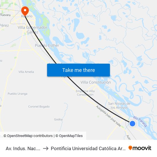 Av. Indus. Nac. X Av. Rocca to Pontificia Universidad Católica Argentina Campus Rosario map