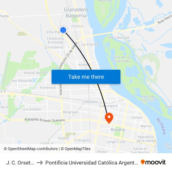 J. C. Orsetti 1160 to Pontificia Universidad Católica Argentina Campus Rosario map
