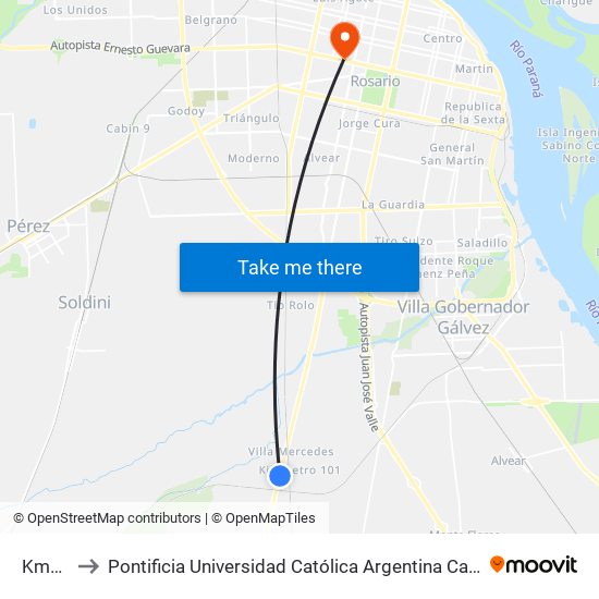 Km101 to Pontificia Universidad Católica Argentina Campus Rosario map