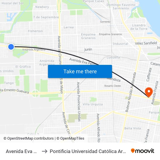 Avenida Eva Perón, 8712 to Pontificia Universidad Católica Argentina Campus Rosario map