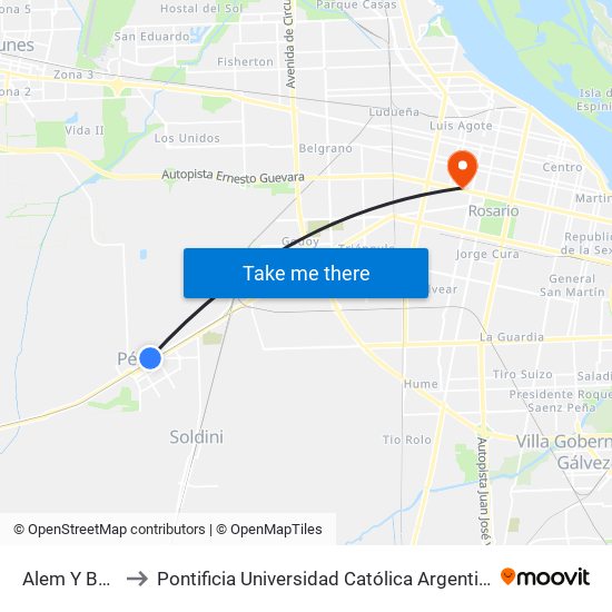 Alem Y Belgrano to Pontificia Universidad Católica Argentina Campus Rosario map