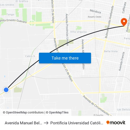 Avenida Manuel Belgrano Y Campanillas to Pontificia Universidad Católica Argentina Campus Rosario map