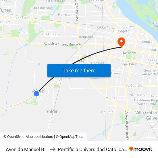 Avenida Manuel Belgrano Y Alberdi to Pontificia Universidad Católica Argentina Campus Rosario map