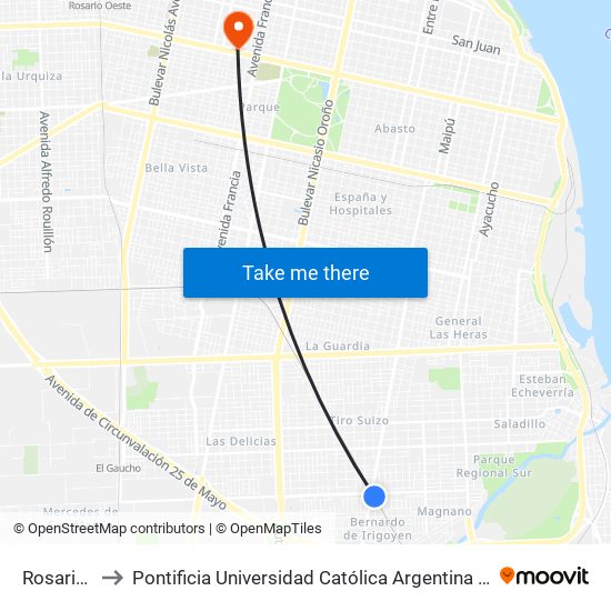 Rosario Sur to Pontificia Universidad Católica Argentina Campus Rosario map