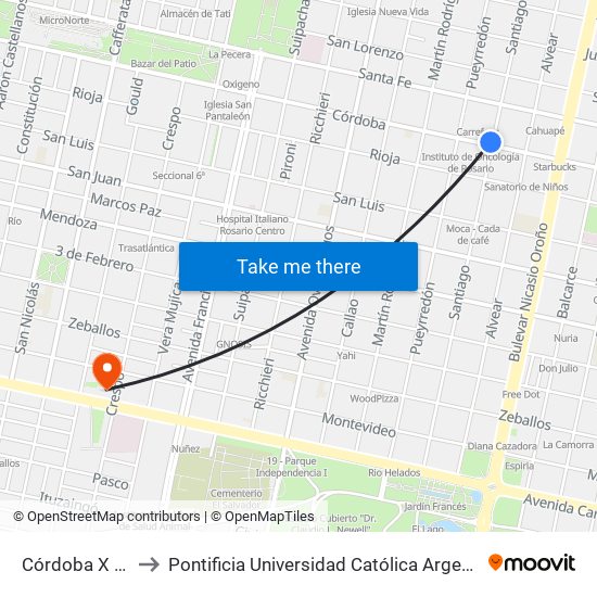 Córdoba X Santiago to Pontificia Universidad Católica Argentina Campus Rosario map