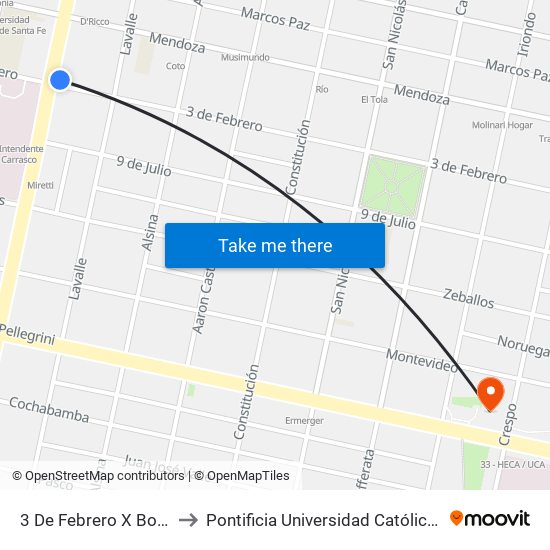 3 De Febrero X Boulevard Avellaneda to Pontificia Universidad Católica Argentina Campus Rosario map