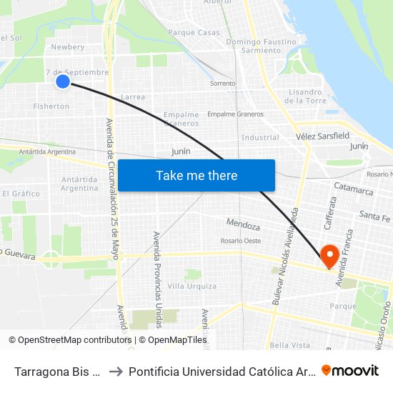 Tarragona Bis X Schweitzer to Pontificia Universidad Católica Argentina Campus Rosario map