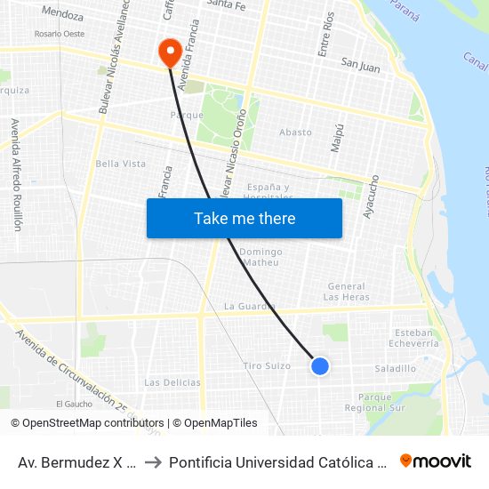 Av. Bermudez X Av. Del Rosario to Pontificia Universidad Católica Argentina Campus Rosario map