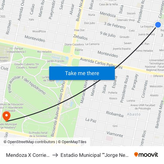 Mendoza X Corrientes to Estadio Municipal ""Jorge Newbery"" map