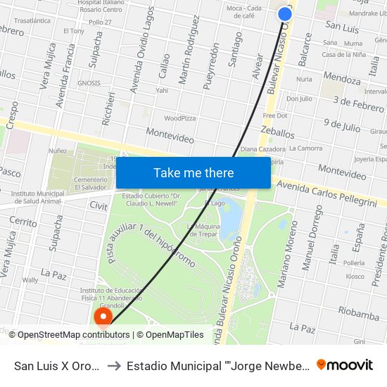 San Luis X Oroño to Estadio Municipal ""Jorge Newbery"" map