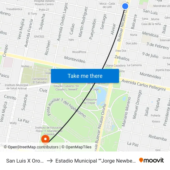 San Luis X Oroño to Estadio Municipal "Jorge Newbery" map