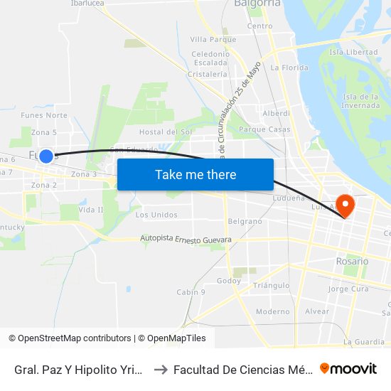 Gral. Paz Y Hipolito Yriogyen to Facultad De Ciencias Médicas map