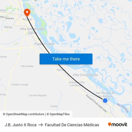 J.B. Justo X Roca to Facultad De Ciencias Médicas map