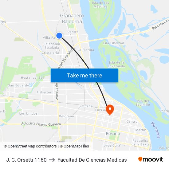 J. C. Orsetti 1160 to Facultad De Ciencias Médicas map