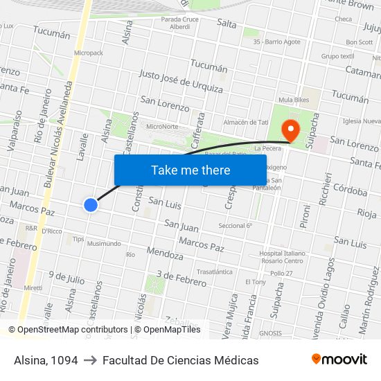 Alsina, 1094 to Facultad De Ciencias Médicas map