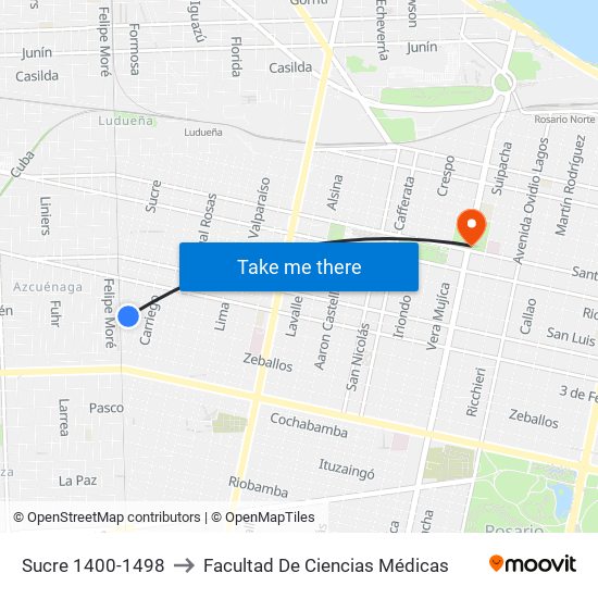 Sucre 1400-1498 to Facultad De Ciencias Médicas map