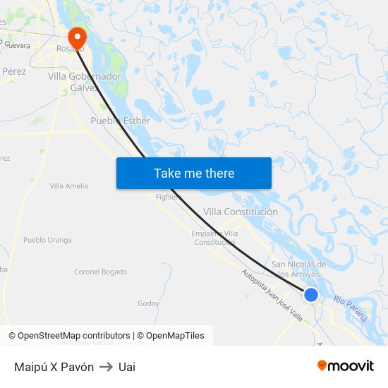 Maipú X Pavón to Uai map