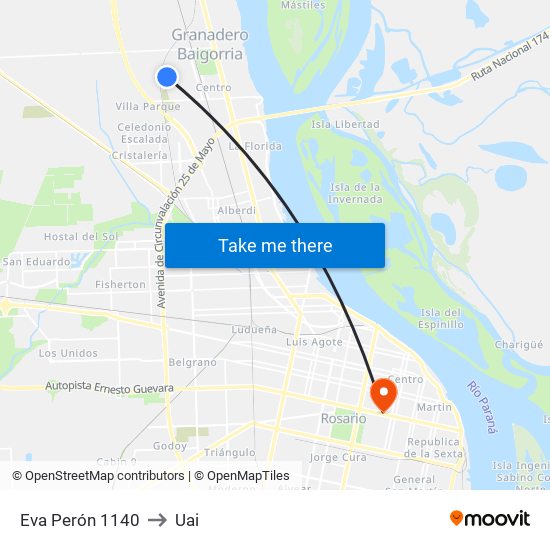 Eva Perón 1140 to Uai map