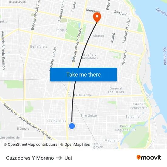 Cazadores Y Moreno to Uai map