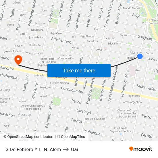 3 De Febrero Y L. N. Alem to Uai map
