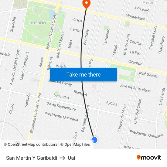 San Martin Y Garibaldi to Uai map