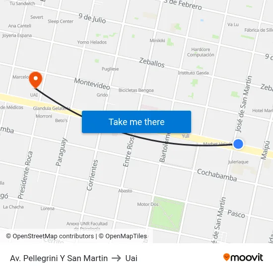 Av. Pellegrini Y San Martin to Uai map