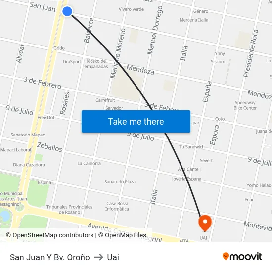 San Juan Y Bv. Oroño to Uai map