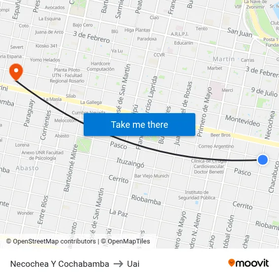 Necochea Y Cochabamba to Uai map