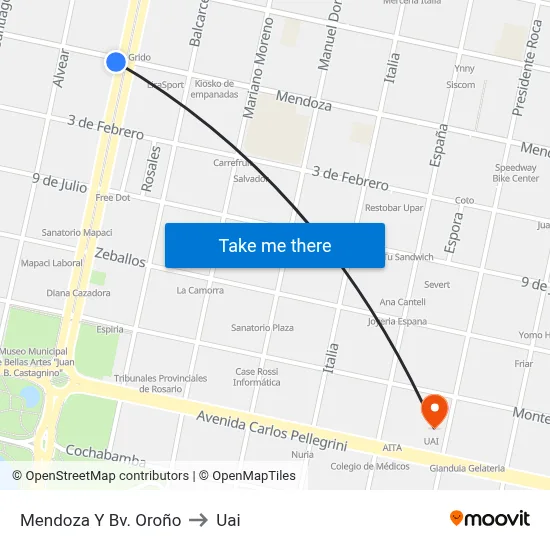 Mendoza Y Bv. Oroño to Uai map
