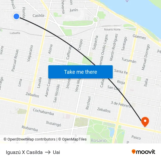 Iguazú X Casilda to Uai map