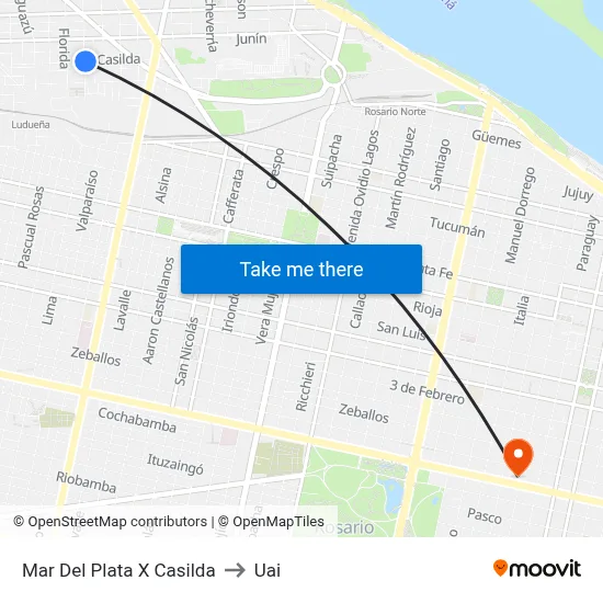 Mar Del Plata X Casilda to Uai map