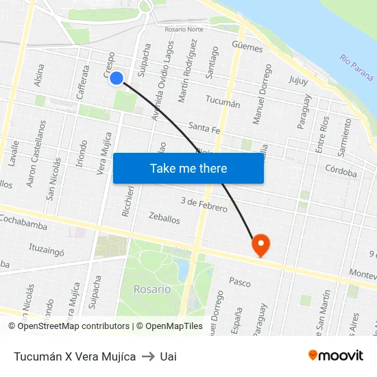 Tucumán X Vera Mujíca to Uai map