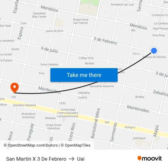 San Martín X 3 De Febrero to Uai map