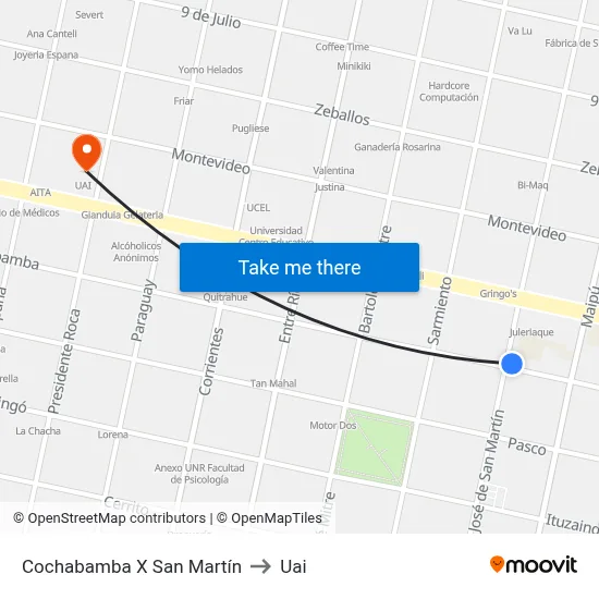 Cochabamba X San Martín to Uai map