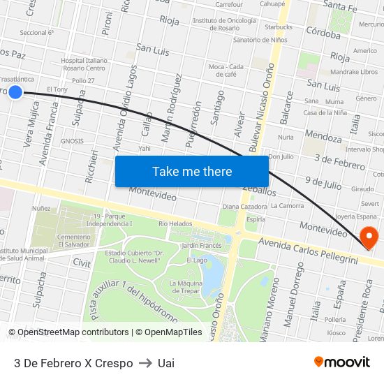 3 De Febrero X Crespo to Uai map